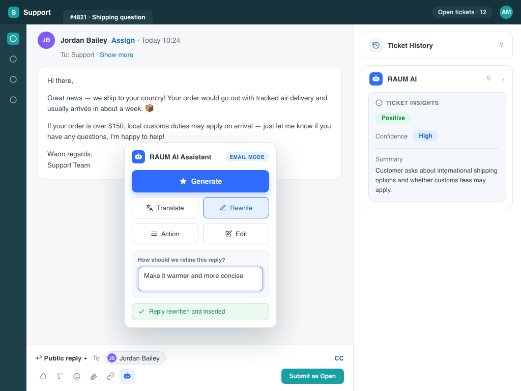 RAUM Rewrite control in Zendesk refining a draft before an agent sends it