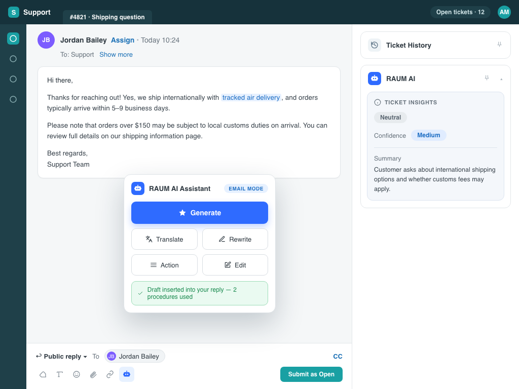 Zendesk ticket with the RAUM AI Assistant sidebar open beside ticket insights