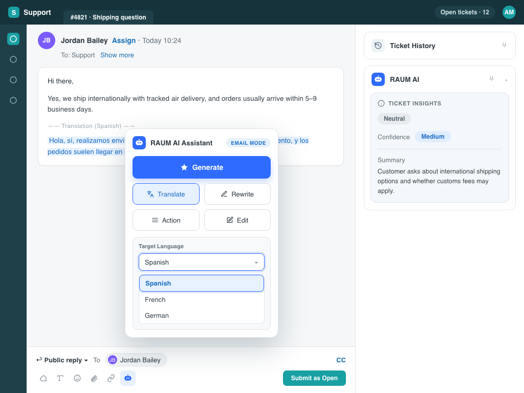 RAUM Translate control in Zendesk with a Spanish draft preview